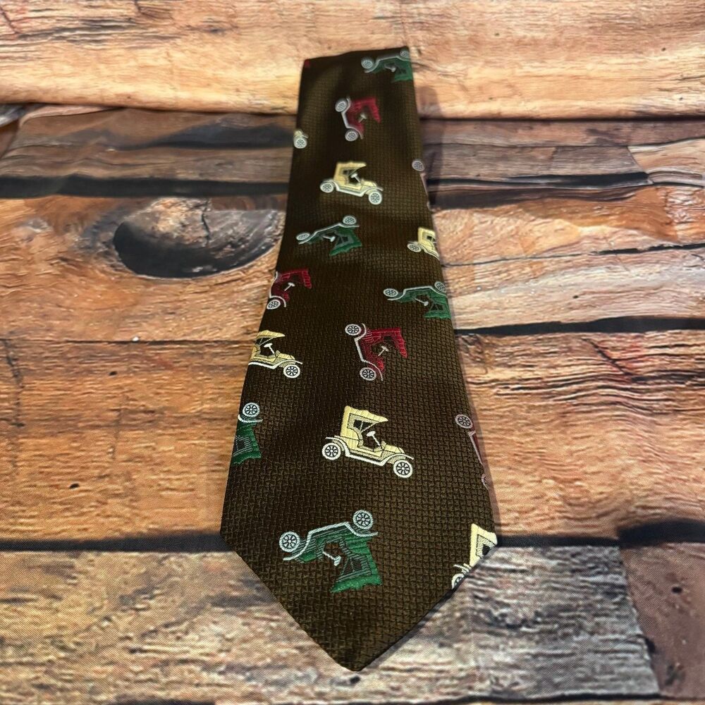Merritt Tie Men's Brown Antique Car Pattern Polyester Classic Width